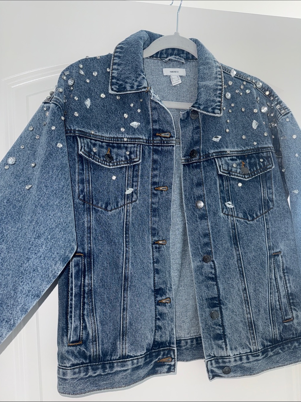 Forever 21 Blue Rhinestone-Embellished Denim Jacket